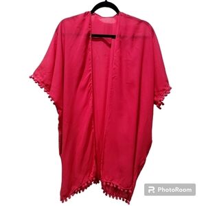 Red ONE SIZE Pom Pom Kimono Coverup Midi Lenght Cottagecore